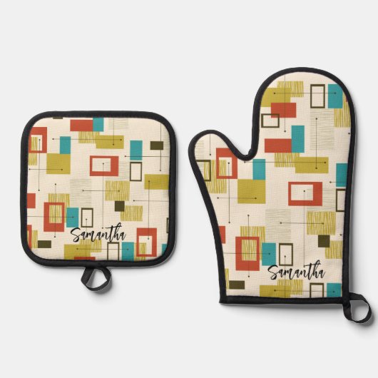 Farbiges geometrisches Muster des Retro Mitte des Ofenhandschuh & Topflappen-Set (Vorderseite)