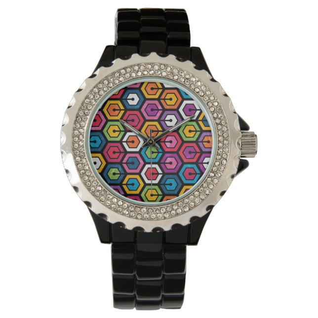 Farbiges geometrisches Muster mit Hexagonen Armbanduhr (Vorderseite)