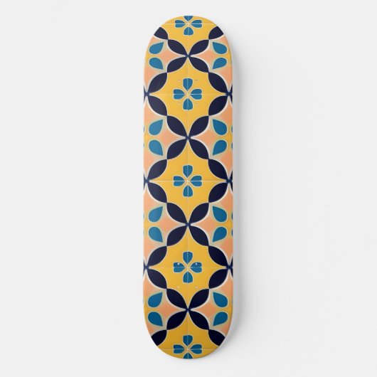 Farbiges geometrisches Muster mit Retro-Fliesendes Skateboard (Vorderseite)