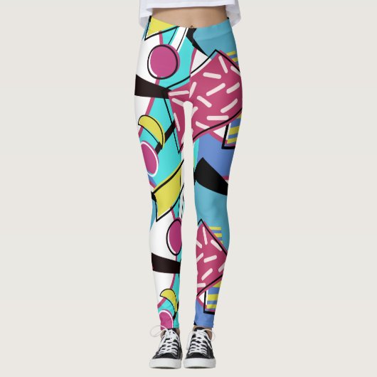 Farbiges geometrisches Retro-80er-Memphis-Design Leggings (Vorderseite)