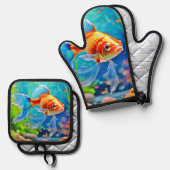 Farbiges Goldfish-Design Ofenhandschuh & Topflappen-Set (Vorderseite/Rückseite)