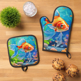Farbiges Goldfish-Design Ofenhandschuh & Topflappen-Set