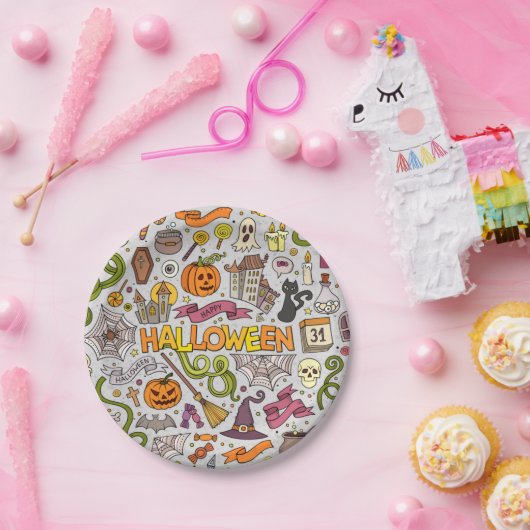 Farbiges Halloween Doodles Objects Muster Pappteller (Party)