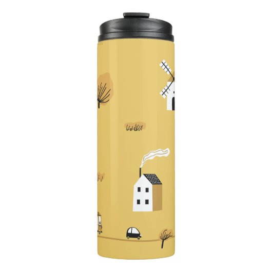 Farbiges Haus, Bäume, Pferdchenlandschaft Thermosbecher (Vorderseite)