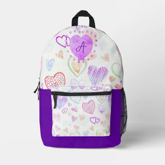Farbiges Herzmuster und Anfangsbuchstaben Bedruckter Rucksack (Vorderseite)