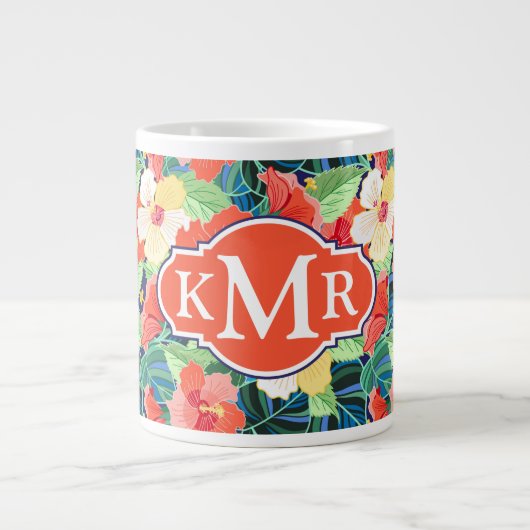 Farbiges Hibiskus| Monogramm Jumbo-Tasse (Vorderseite)
