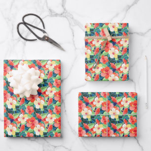 Farbiges Hibiskus Muster Geschenkpapier Set