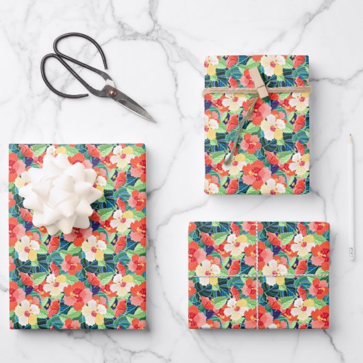 Farbiges Hibiskus Muster Geschenkpapier Set (Vorderseite)