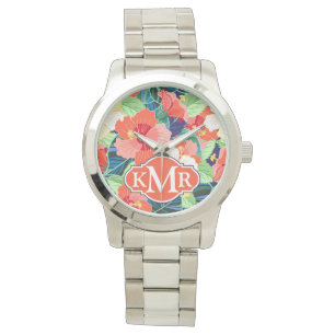 Farbiges Hibiskus Muster Monogramm Armbanduhr