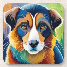 Farbiges Hundegesicht nah Getränkeuntersetzer