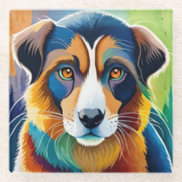Farbiges Hundegesicht nah Glasuntersetzer