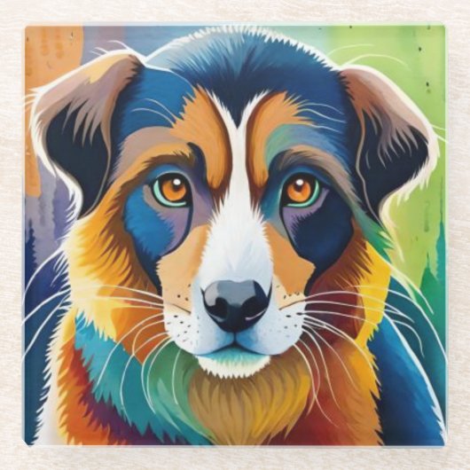 Farbiges Hundegesicht nah Glasuntersetzer (Vorderseite)