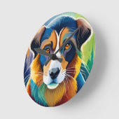 Farbiges Hundegesicht nah Runde Wanduhr (Winkel)