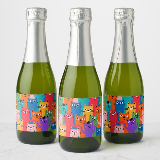 Farbiges Katzen Muster Schaumweinetikett (Flaschen)