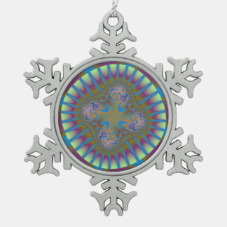 Farbiges Lila, hellblaues und blassgrünes Fraktal Schneeflocken Zinn-Ornament