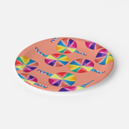 Farbiges Lollipopmuster Pappteller (Schrägansicht)