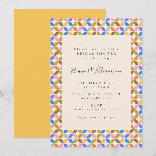 Farbiges modernes geometrisches, gelbes Brautparty Einladung (Vorne/Hinten)