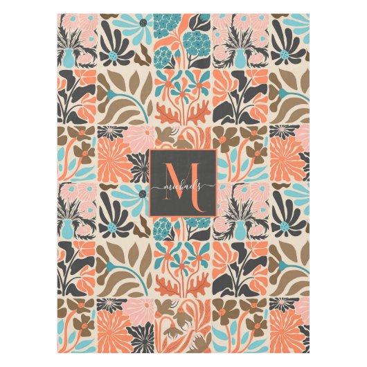 Farbiges Monogram Script Retro Blumenmuster Tischdecke (Vorderseite)