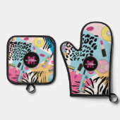 Farbiges Monogramm des Musters der 90er Jahre Ofenhandschuh & Topflappen-Set (Vorderseite)