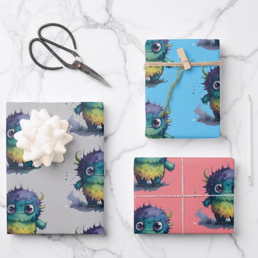 Farbiges Monster-Design für Cartoon Geschenkpapier Set (Vorderseite)