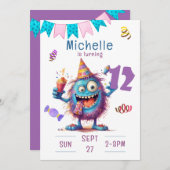 Farbiges Monster Zwölf Jahre Einladung zum Geburts (Vorne/Hinten)