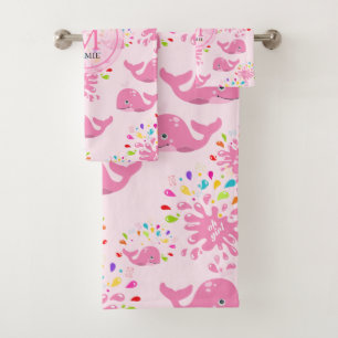 Farbiges Muster des rosa Whale Monogramm Badhandtuch Set