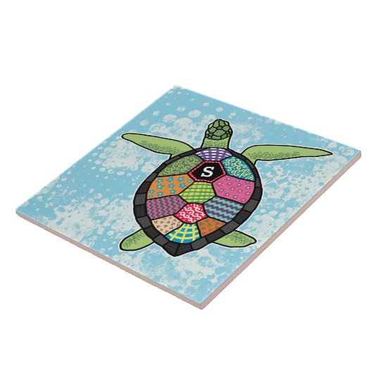 Farbiges Muster Monogram Sea Turtle Fliese (Seite)