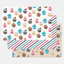 Farbiges Niedliches Cupcakes-Muster Geschenkpapier Set