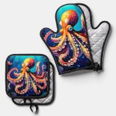 Farbiges Octopus View Design Ofenhandschuh & Topflappen-Set (Vorderseite/Rückseite)