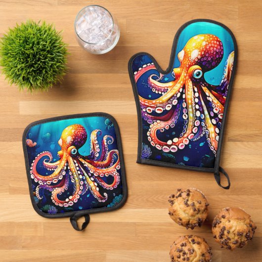 Farbiges Octopus View Design Ofenhandschuh & Topflappen-Set (Oben Unten)