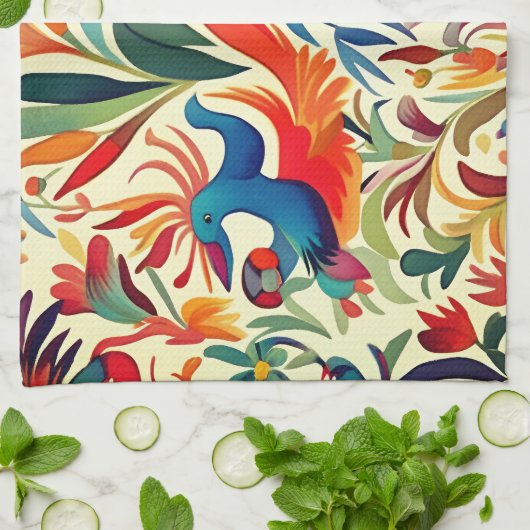 Farbiges Otomi-Vogelmuster Geschirrtuch (Gefaltet)