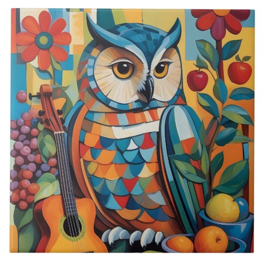 Farbiges Owl Still Life Portrait Fliese (Vorderseite)