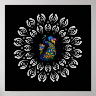 Farbiges Peacock Dotting Mandala Template Poster