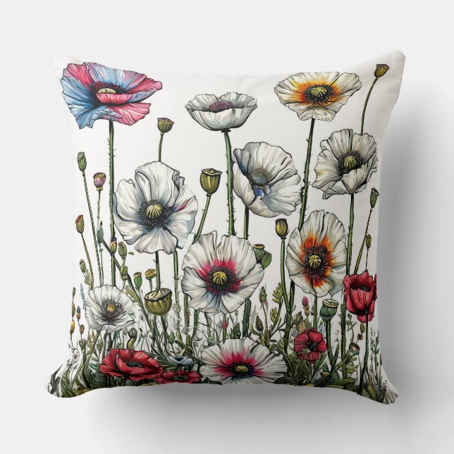 Farbiges Poppid-Array in einem botanischen Illustr Kissen (Vorderseite)