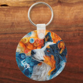 Farbiges Portrait australischer Schäferhund Schlüsselanhänger (Rückseite)