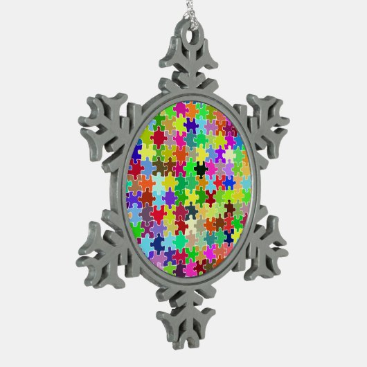 Farbiges Puzzle-Muster Schneeflocken Zinn-Ornament (Links)