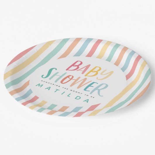 Farbiges Regenbogenbaby Dusche Party Pappteller (Schrägansicht)