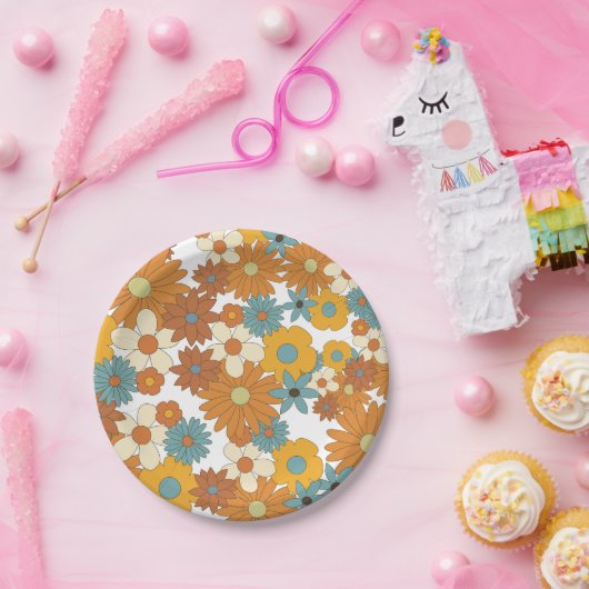 Farbiges Retro-Blume-Muster Pappteller (Party)