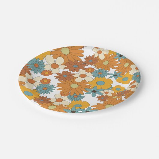 Farbiges Retro-Blume-Muster Pappteller (Schrägansicht)