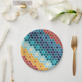 Farbiges Retro-Blumenmosaik Hexagon-Muster Pappteller