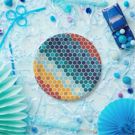 Farbiges Retro-Blumenmosaik Hexagon-Muster Pappteller (Party)