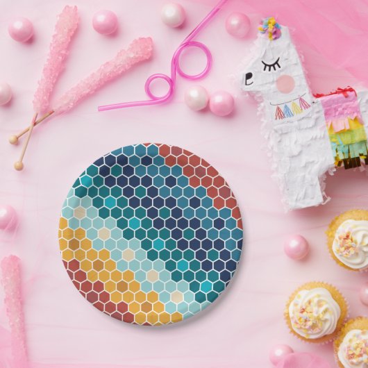 Farbiges Retro-Blumenmosaik Hexagon-Muster Pappteller (Party)