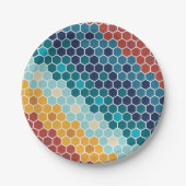 Farbiges Retro-Blumenmosaik Hexagon-Muster Pappteller (Vorderseite)