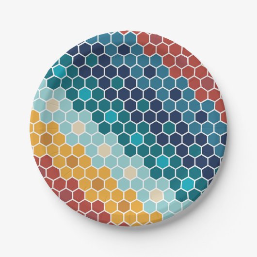 Farbiges Retro-Blumenmosaik Hexagon-Muster Pappteller (Vorderseite)