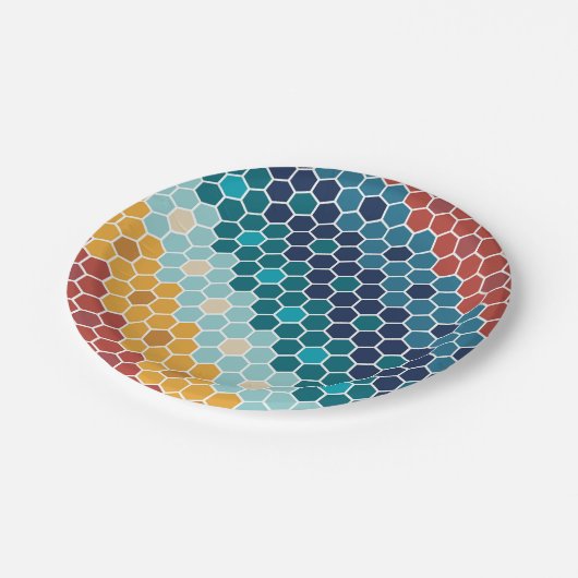 Farbiges Retro-Blumenmosaik Hexagon-Muster Pappteller (Schrägansicht)
