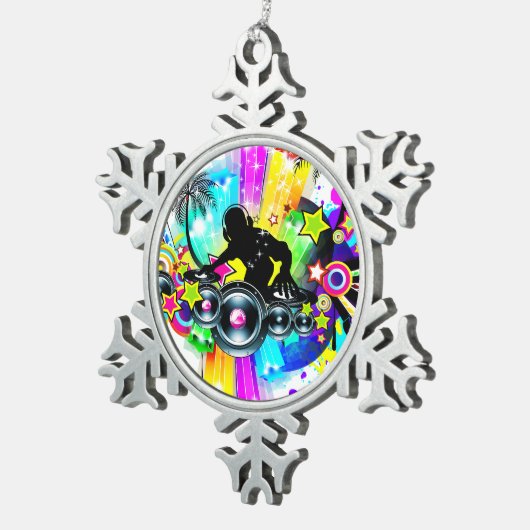 Farbiges Retro Music DJ Design Schneeflocken Zinn-Ornament (Rechts)