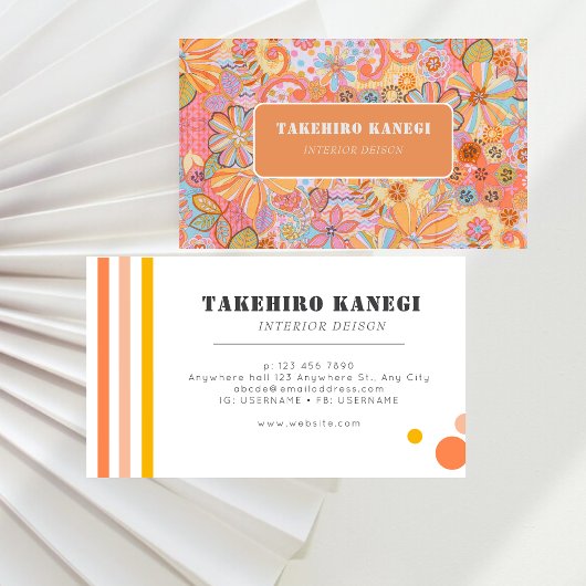 Farbiges Retro-orange-rosa Korallenblumenmuster Visitenkarte