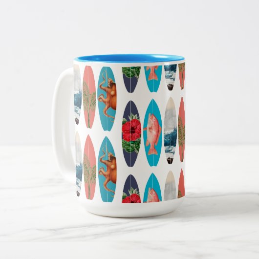 Farbiges Retro-Surfbrett-Muster Zweifarbige Tasse (Vorderseite Links)