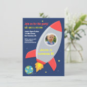 Farbiges Rocket Space Party Kindergeburtstag Foto Einladung (Stehend Vorderseite)