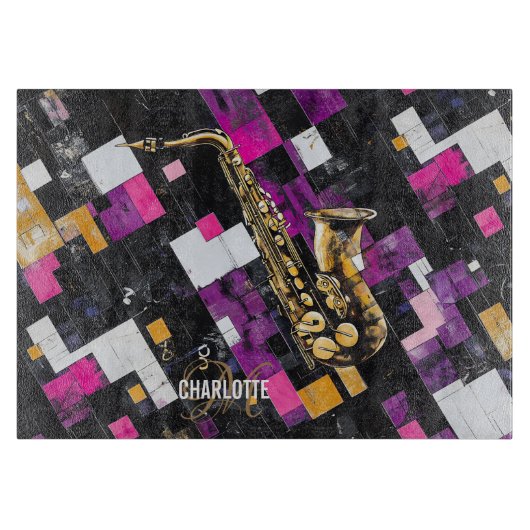 Farbiges Saxophon-Muster-Monogramm-Name Schneidebrett (Vorderseite)